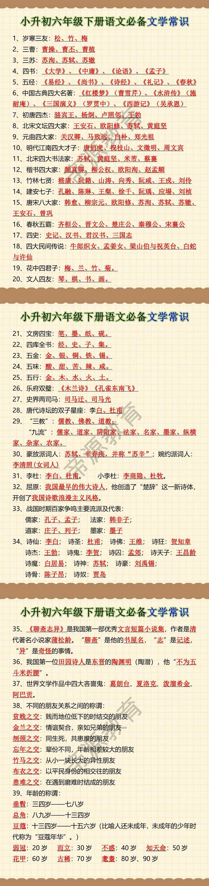 小升初六年级下册语文必备文学常识