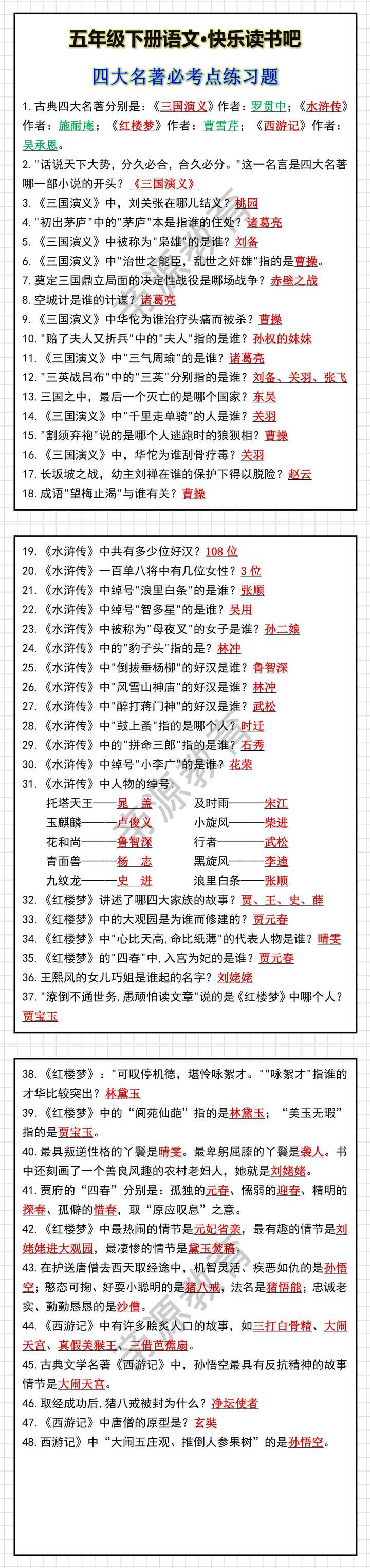 五年级下册语文快乐读书吧知识点练习题
