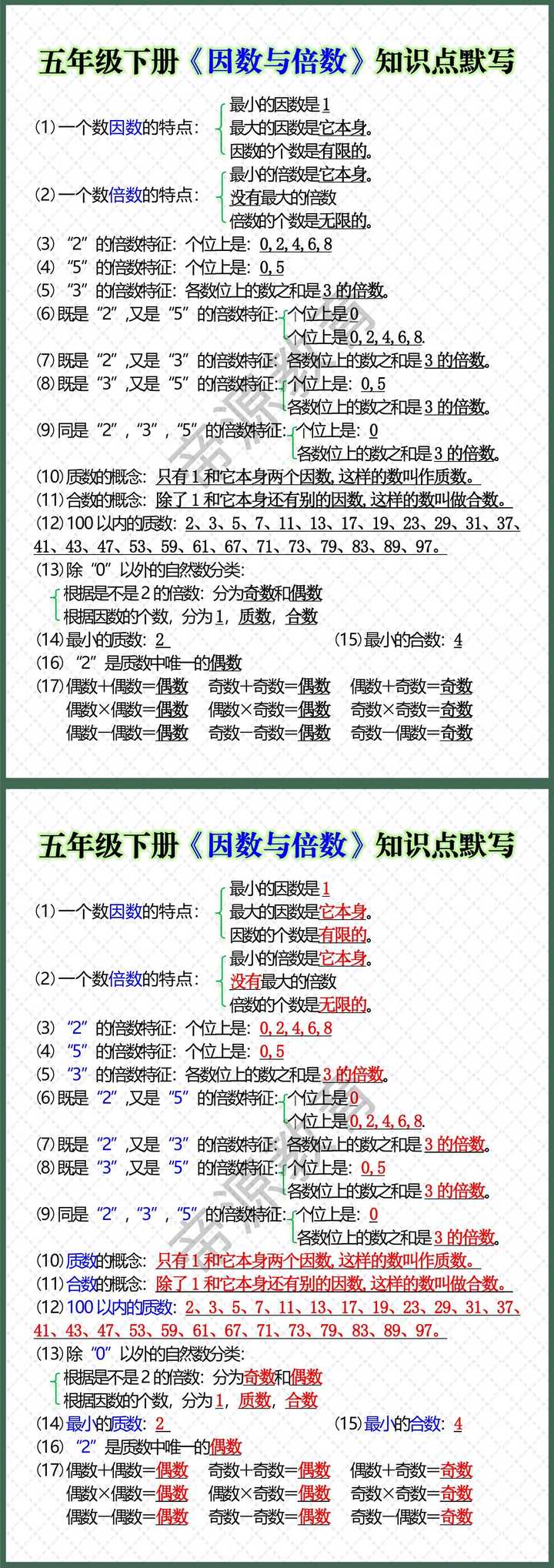 五年级下册数学《因数与倍数》知识点默写