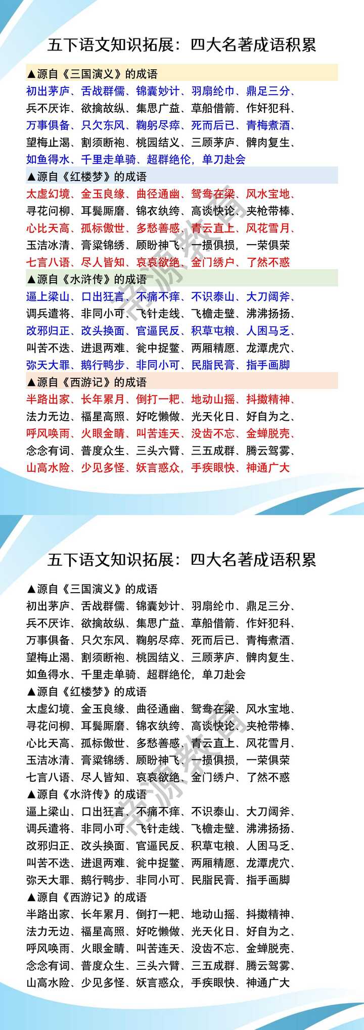 五下语文知识拓展：四大名著成语积累