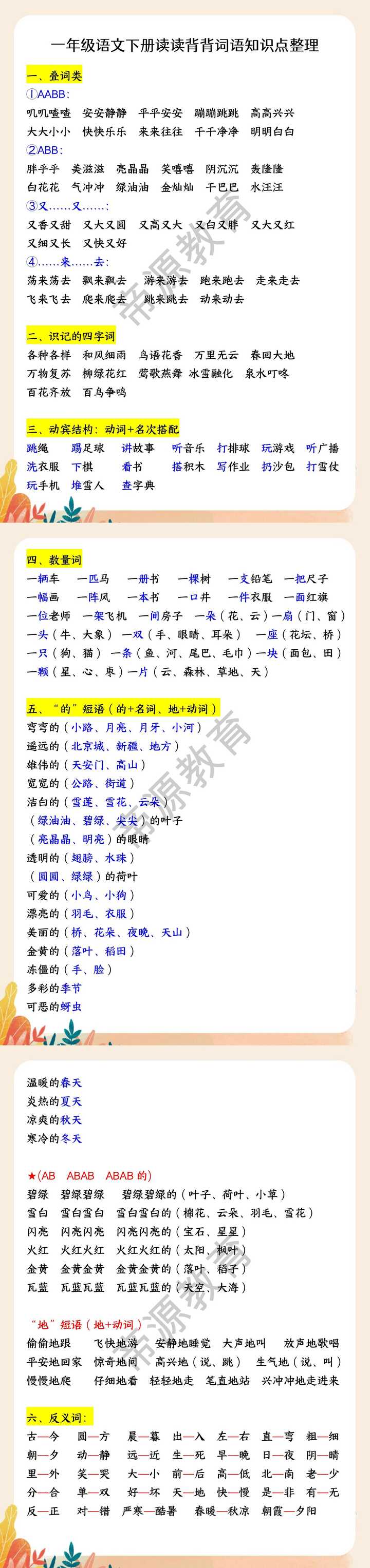 一年级语文下册读读背背词语知识点整理