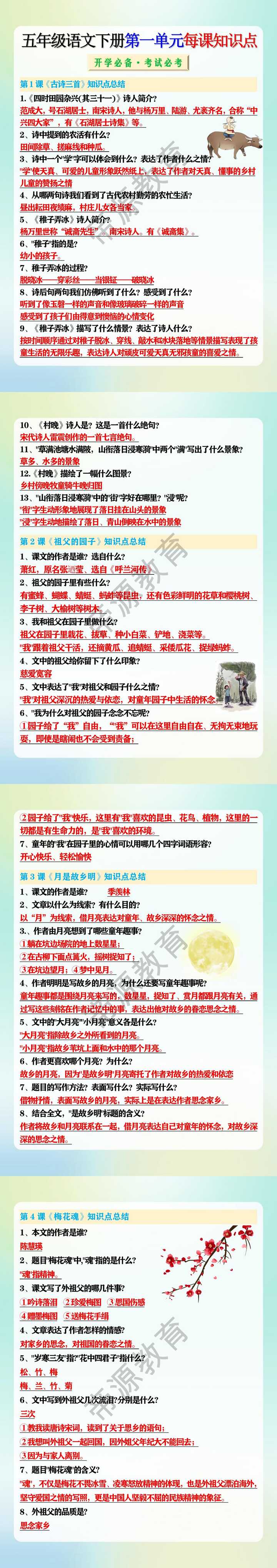 五年级语文下册第一单元每课知识点