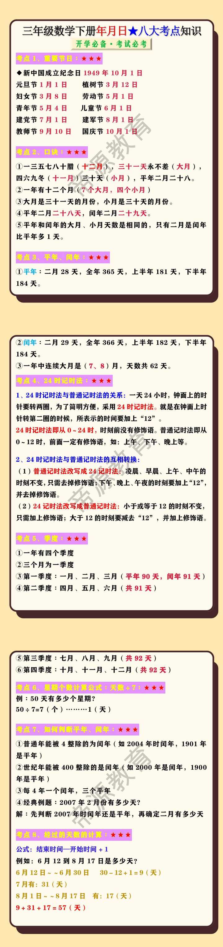 三年级数学下册年月日八大考点知识