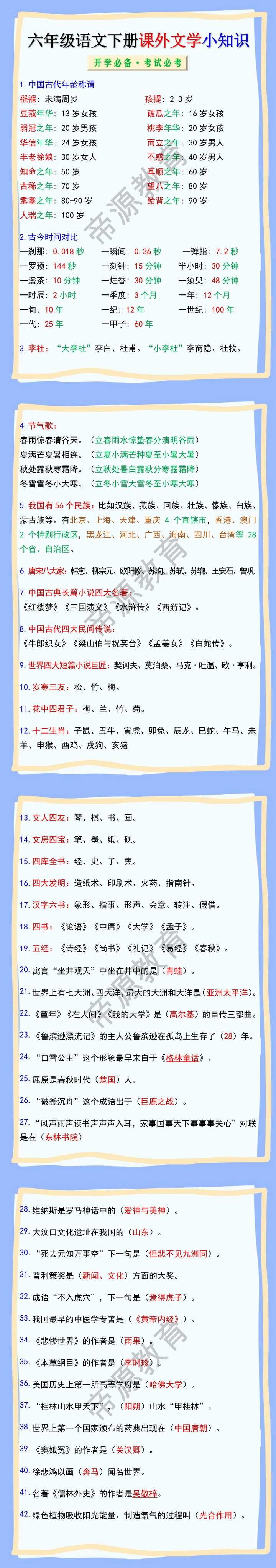 六年级语文下册课外文学小知识