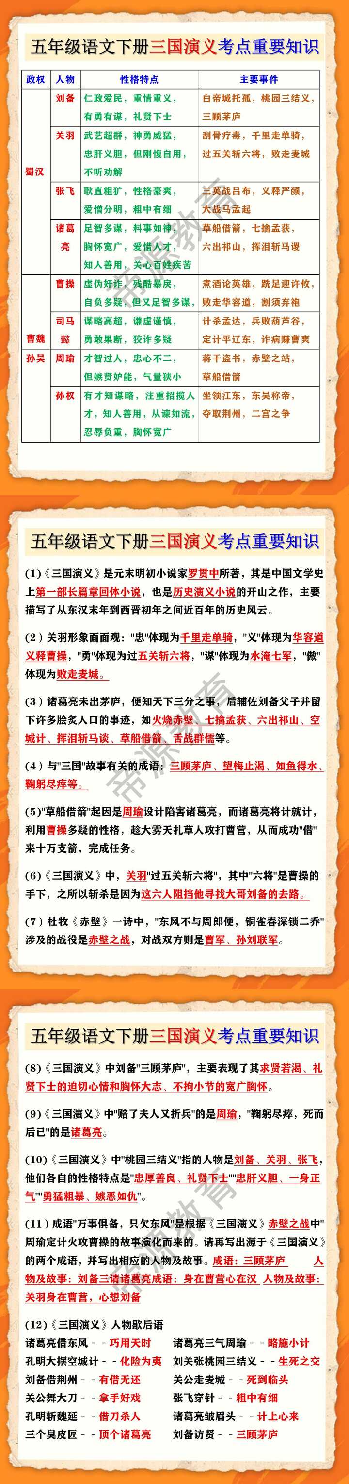 五年级语文下册三国演义考点重要知识