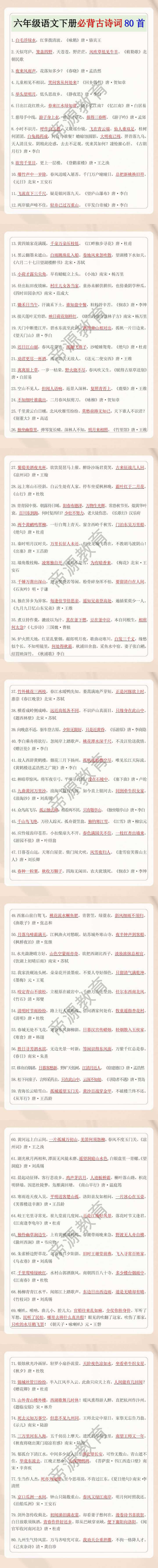 六年级语文下册必背古诗词80首