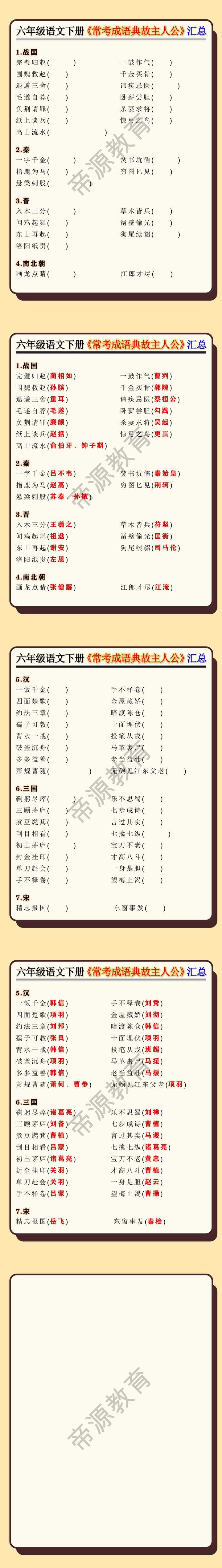六年级语文下册《常考成语典故主人公》汇总