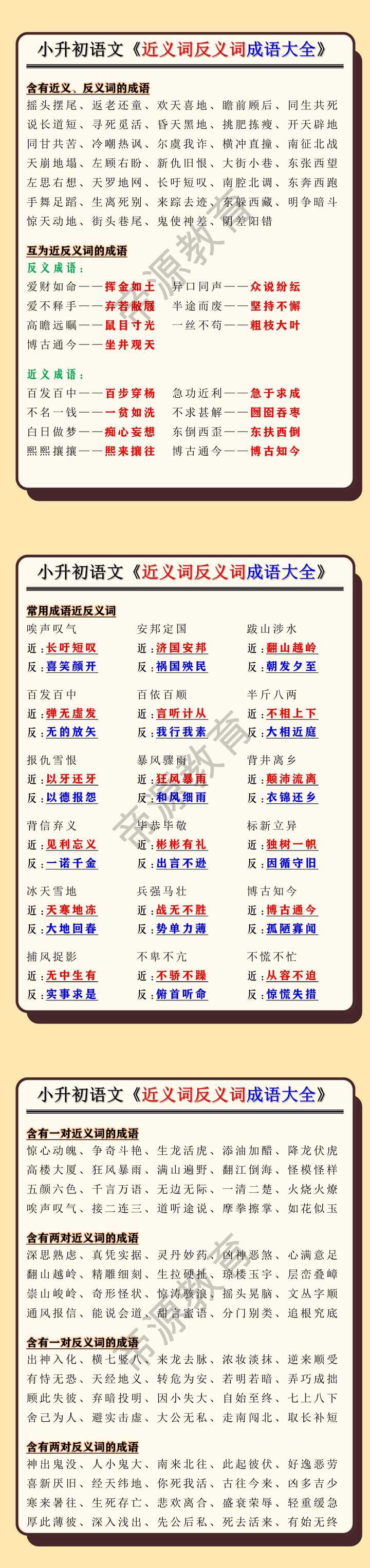 小升初语文《近义词反义词成语大全》