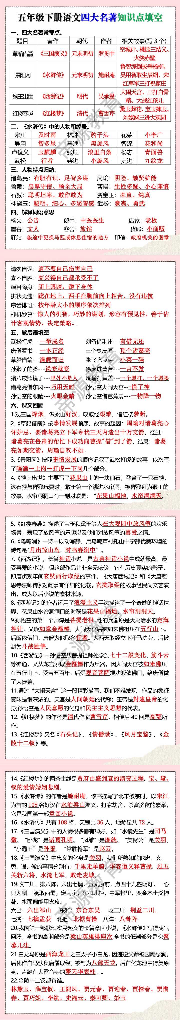 五年级下册语文四大名著知识点填空