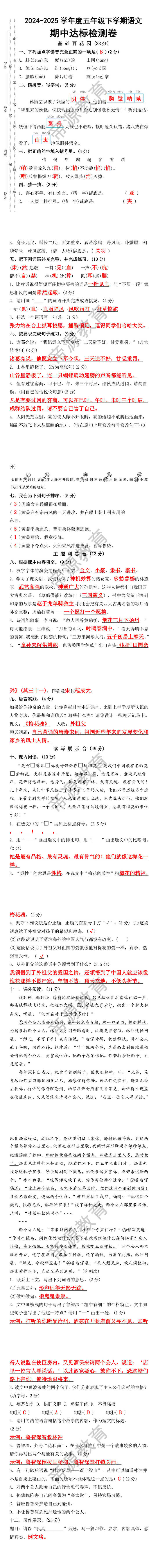 2024-2025学年度五年级下学期语文期中达标测试卷
