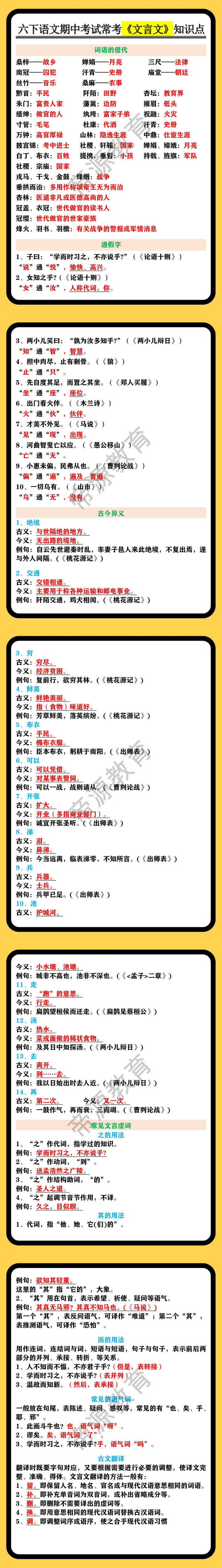 六年级语文下册期中考试常考《文言文》知识点