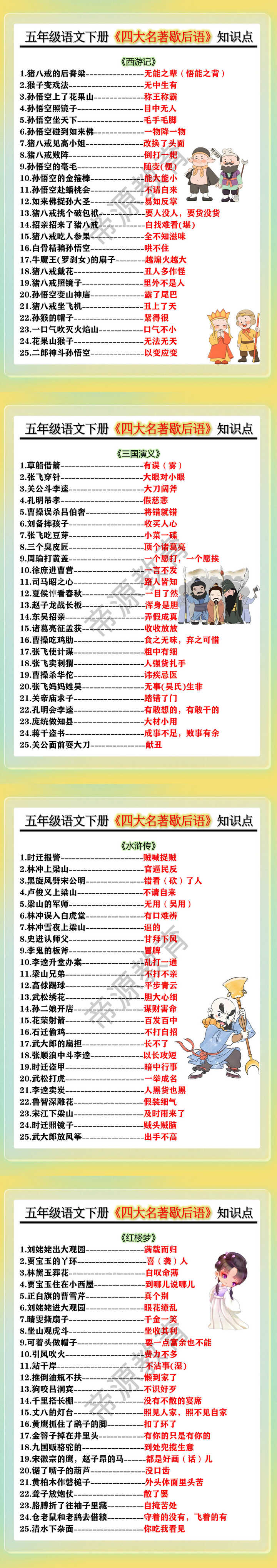 五年级语文下册《四大名著歇后语》知识点