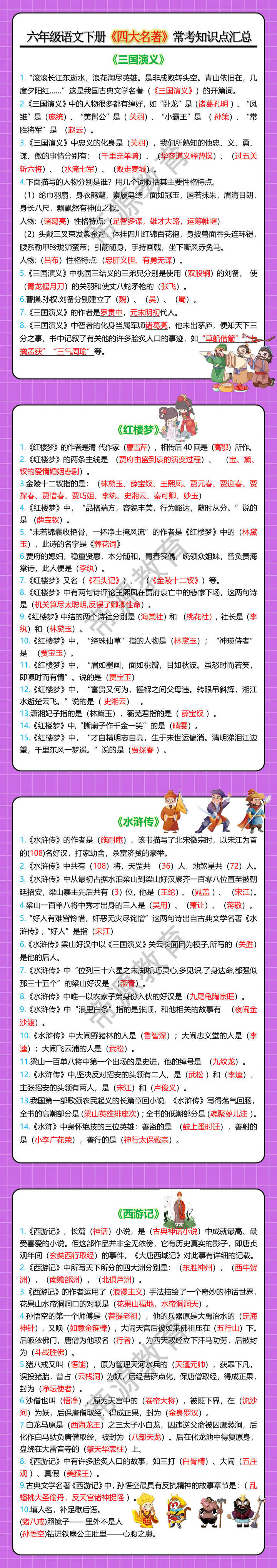 六年级语文下册《四大名著》常考知识点汇总