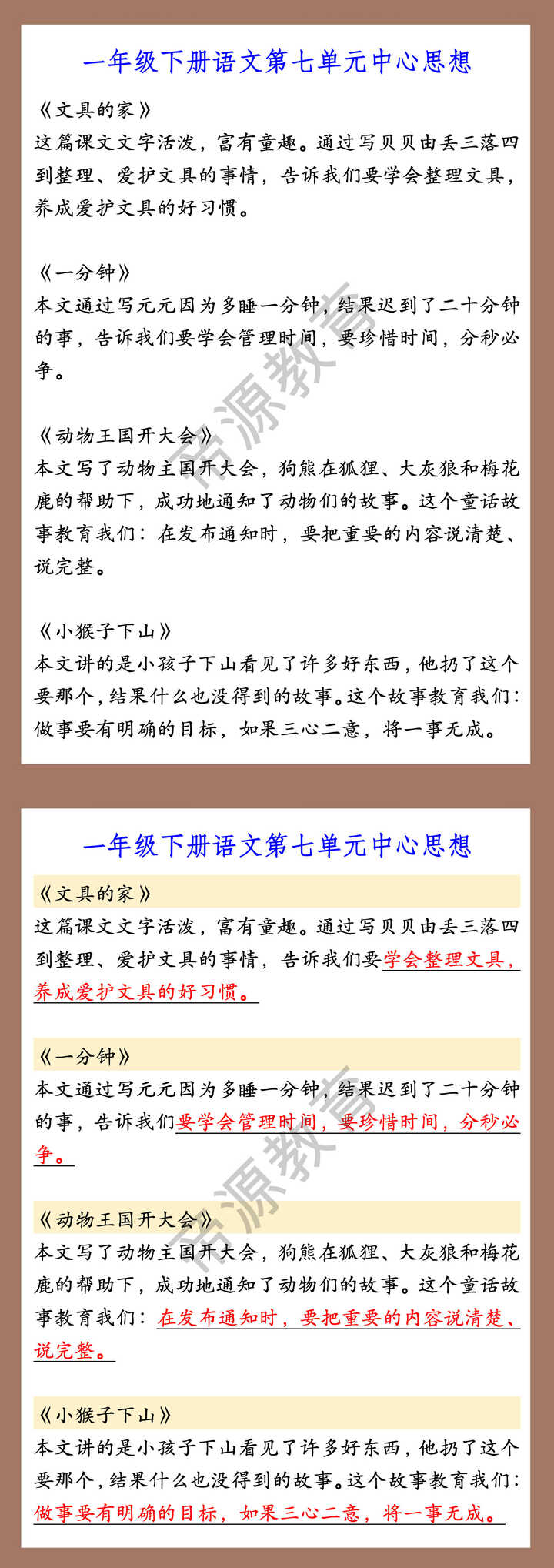 一年级下册语文第七单元中心思想
