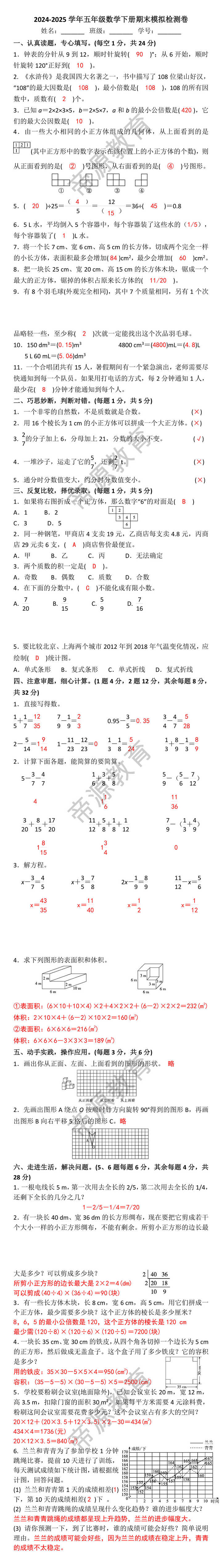 2024-2025学年五年级数学下册期末模拟检测卷