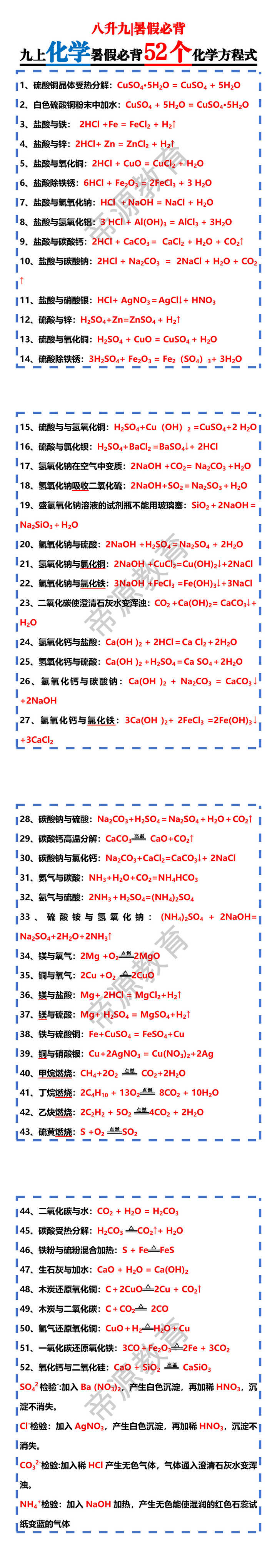 八升九暑期必背九上化学暑假必背52个化学方程式