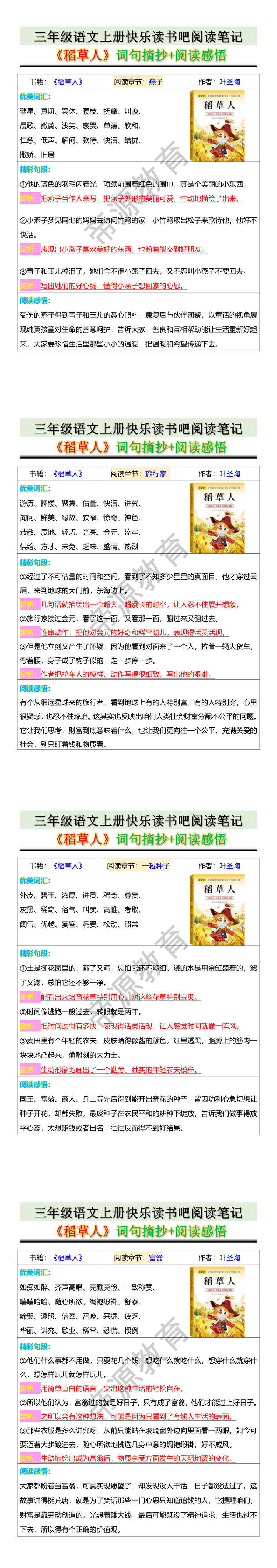 三年级语文上册快乐读书吧阅读笔记《稻草人》词句摘抄+阅读感悟