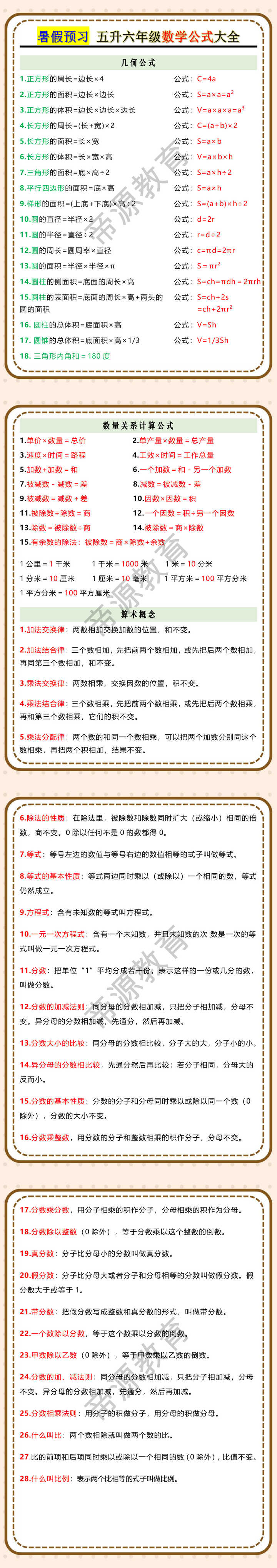 暑假预习五升六年级数学公式大全
