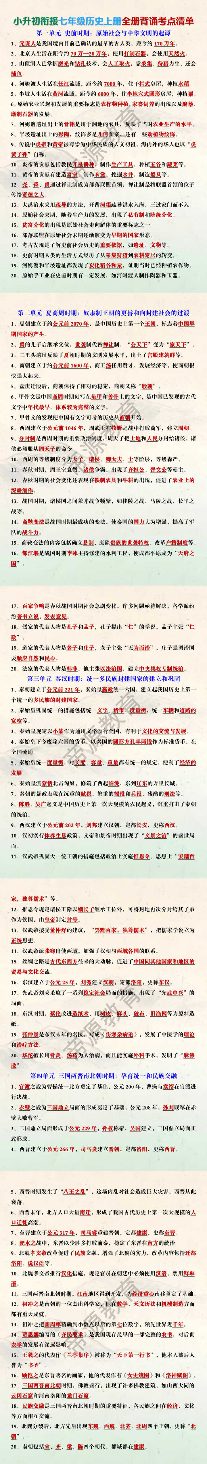 小升初衔接七年级历史上册全册背诵考点清单