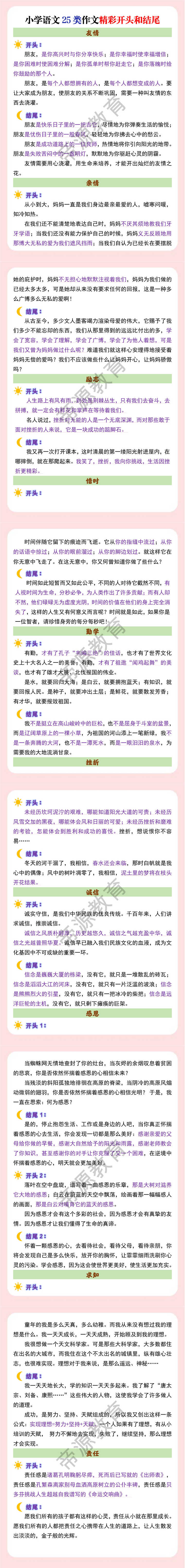 小学语文25类作文精彩开头和结尾