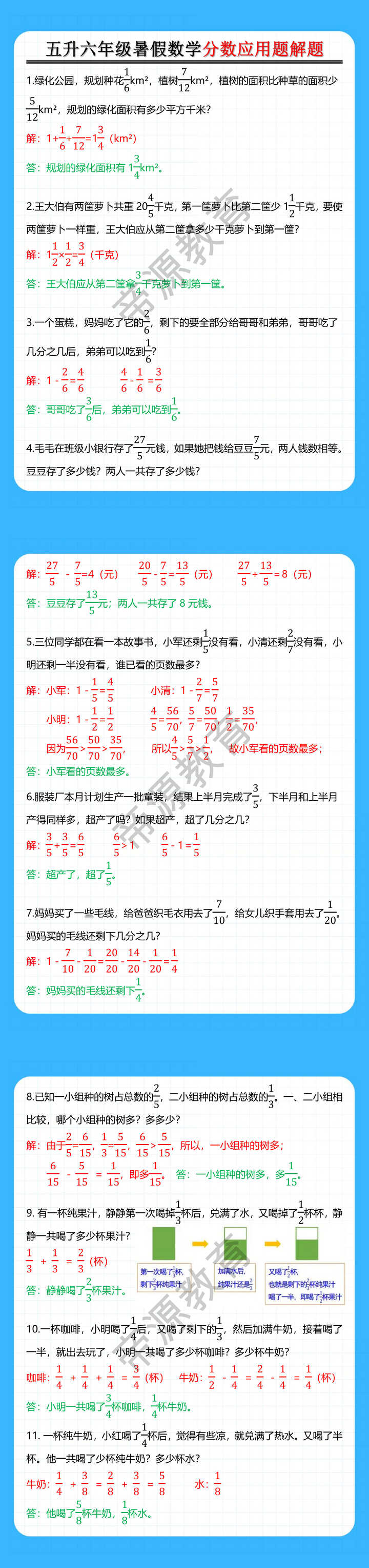 五升六年级暑假数学分数应用题解题