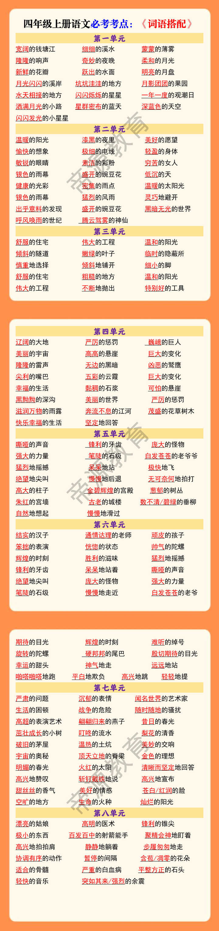 四年级上册语文必考考点《词语搭配》