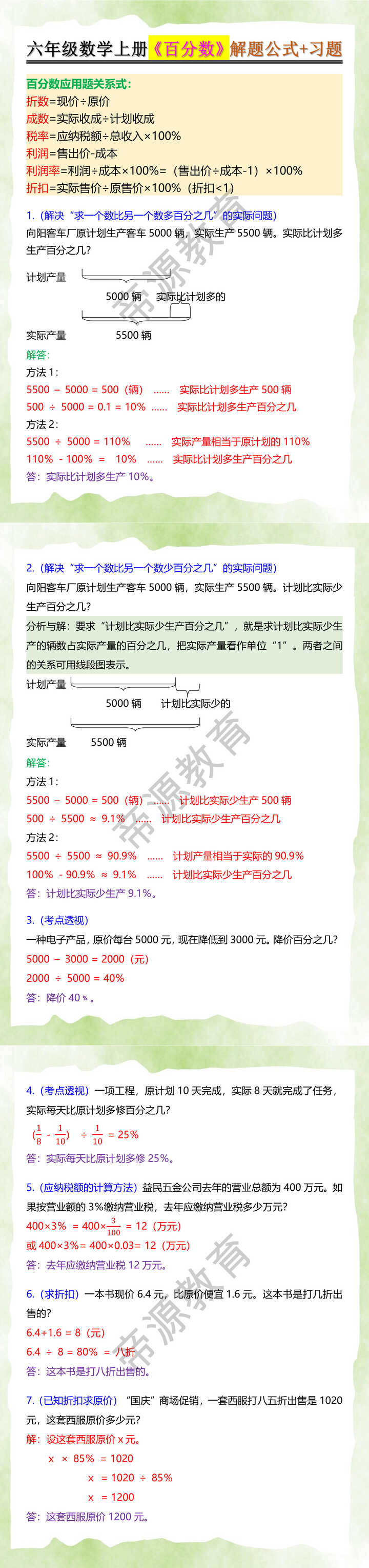 六年级数学上册《百分数》解题公式+习题