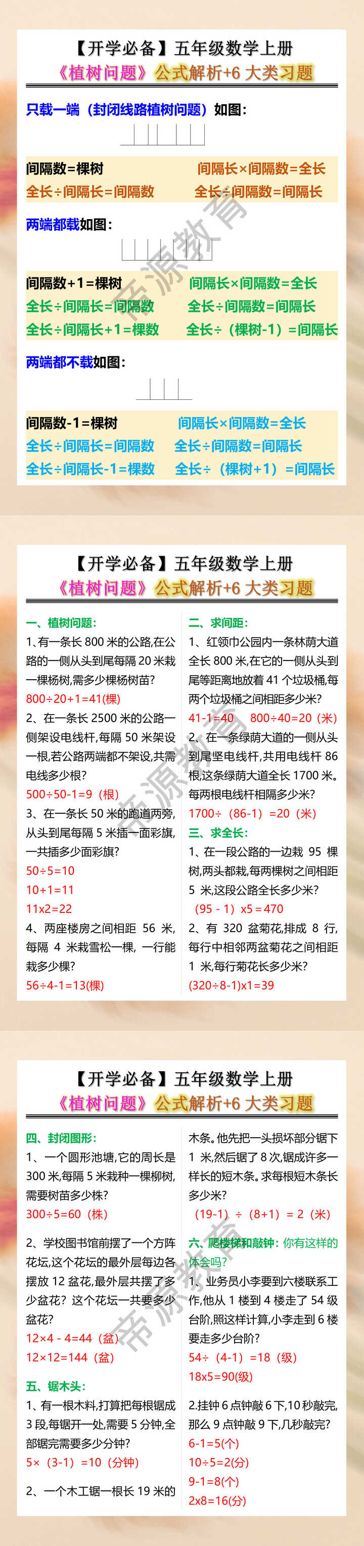 五年级数学上册《植树问题》公式解析+6大类习题