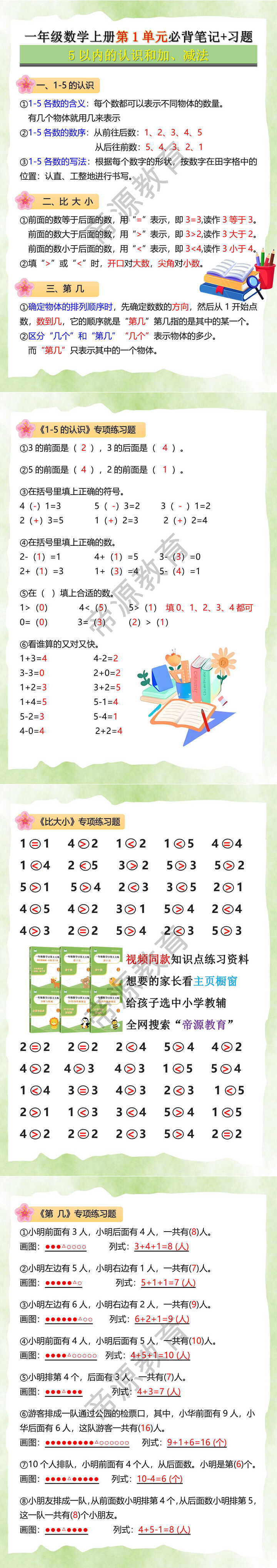 一年级数学上册第1单元5以内的认识和加、减法必背笔记+习题