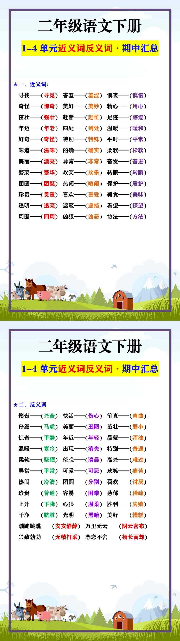 二年级语文下册 1-4单元近义词反义词·期中汇总