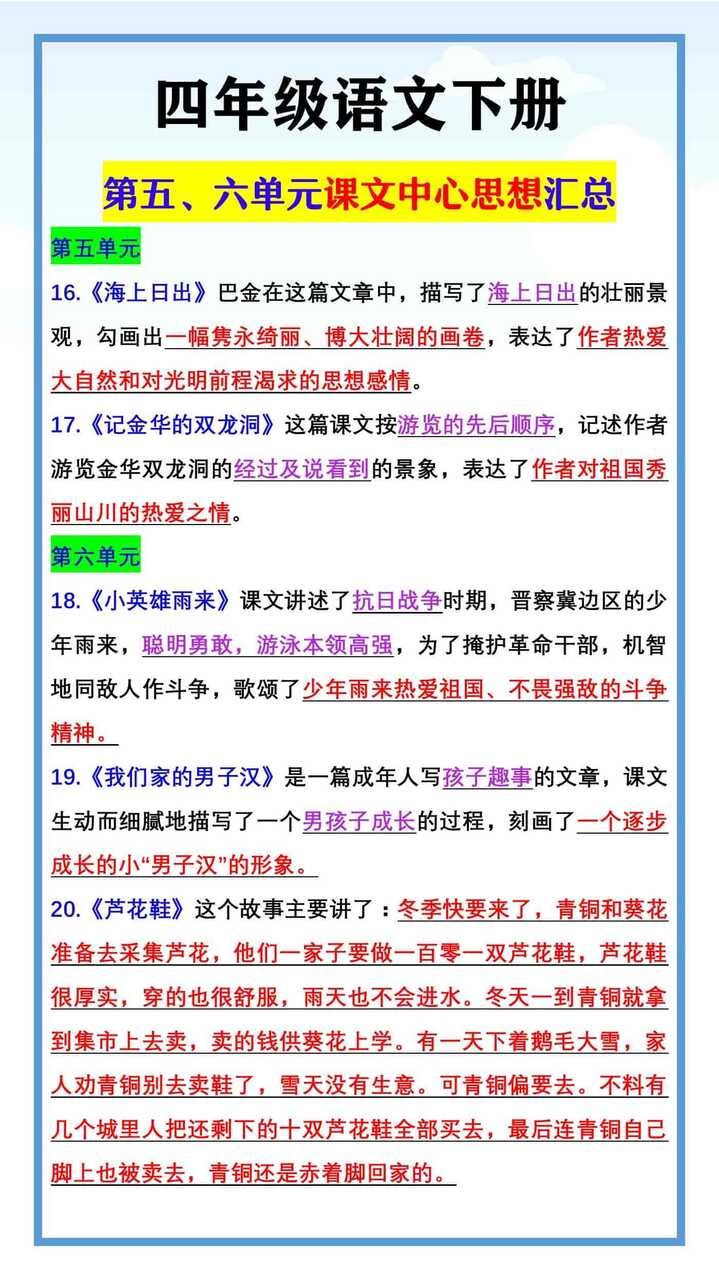 四年级语文下册 第五、六单元课文中心思想汇总