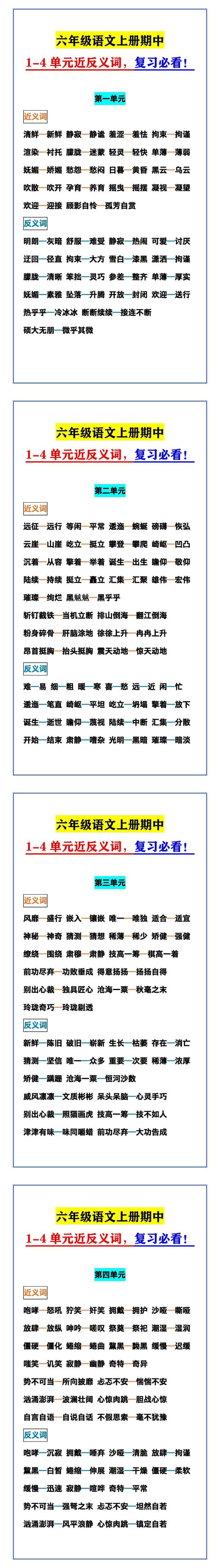 六年级语文上册期中 1-4单元近反义词，复习必看！