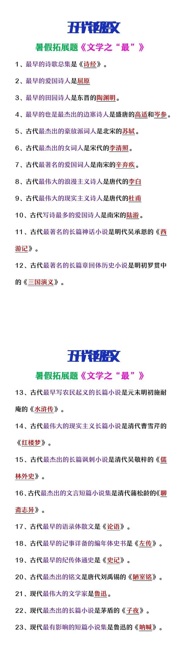 五升六年级语文暑假拓展题《中国文学之“最”》