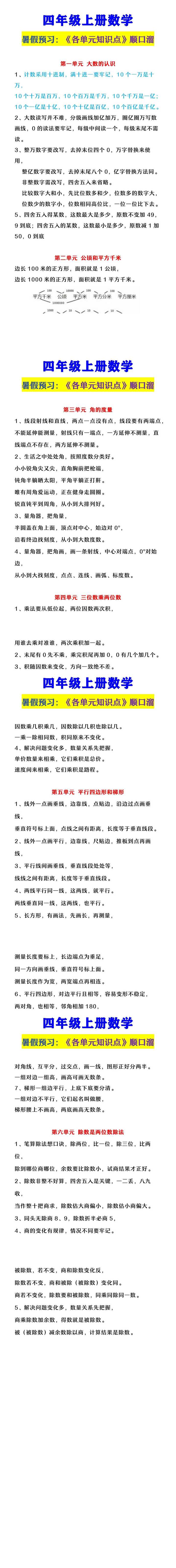 四年级上册数学  《各单元知识点顺口溜》