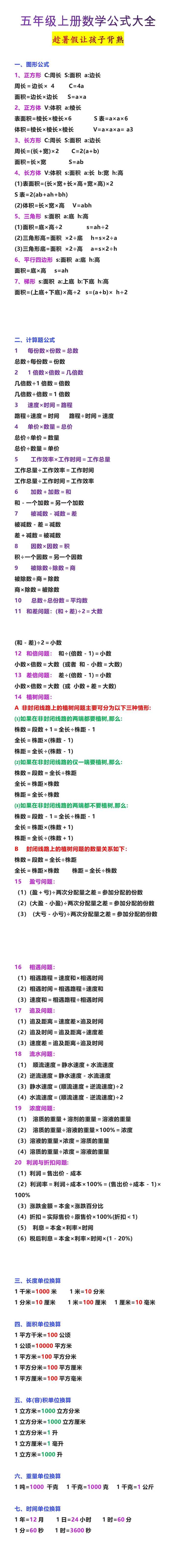 五年级上册数学公式大全