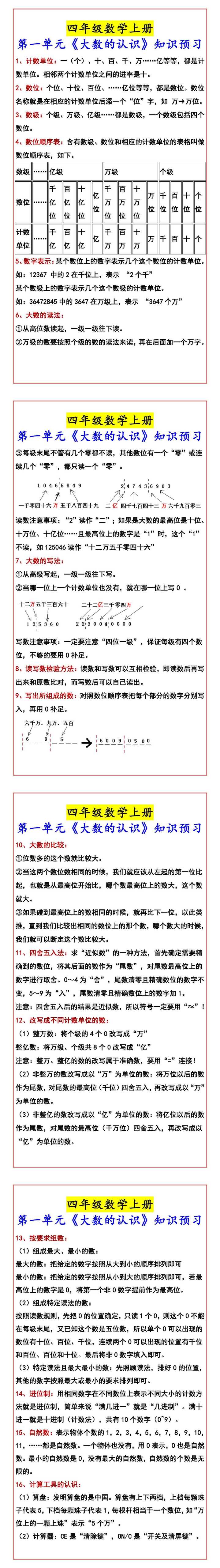 四年级数学上册 第一单元《大数的认识》知识预习