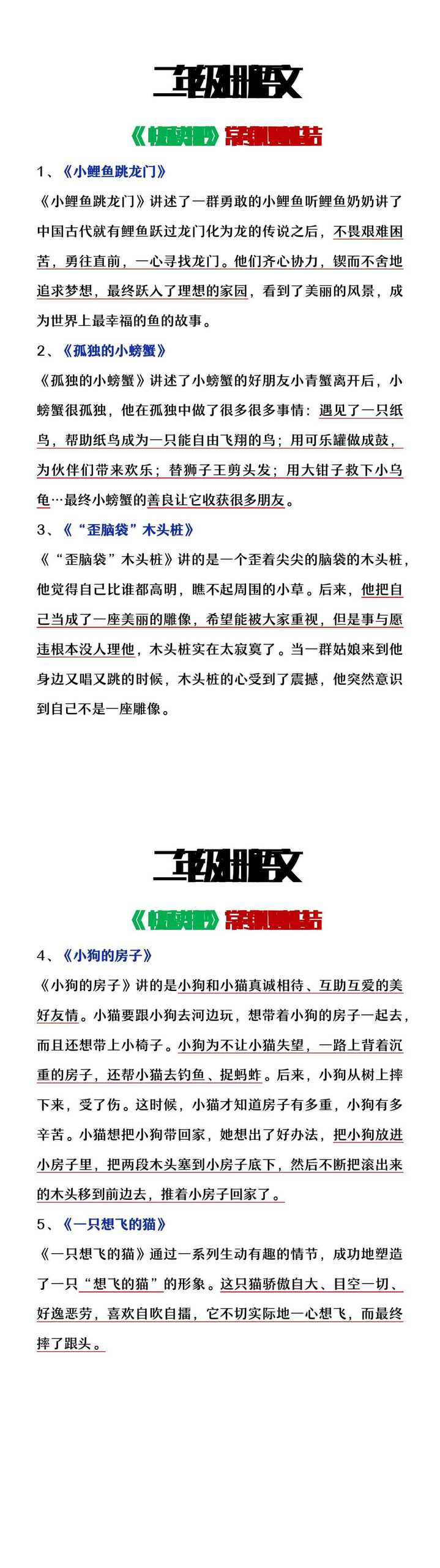 二年级上册语文快乐读书吧常考中心思想