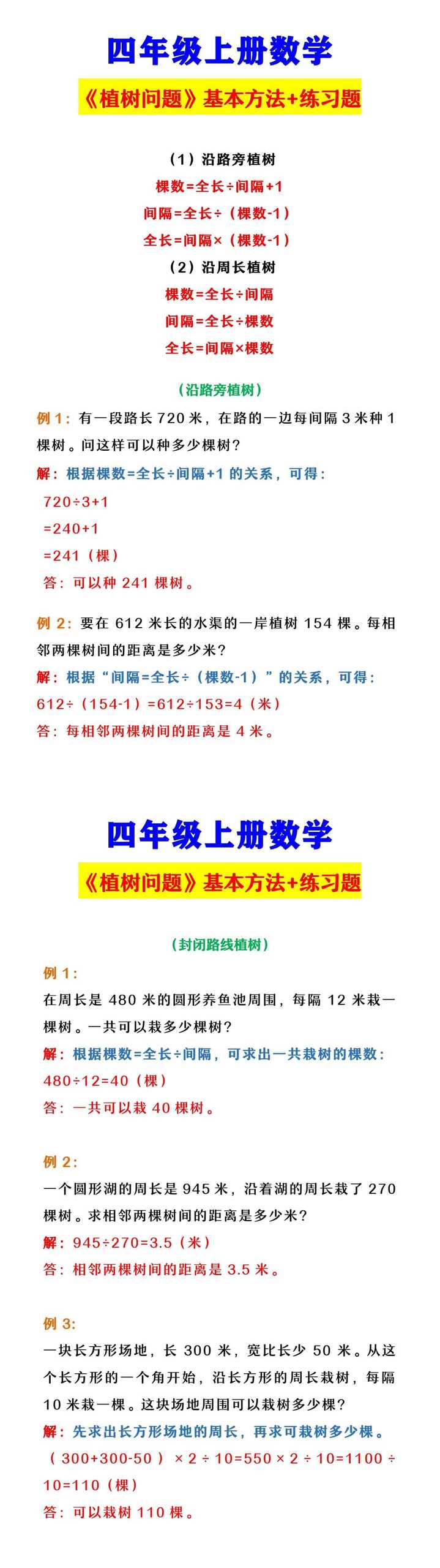 四年级上册数学 《植树问题》基本方法+练习题
