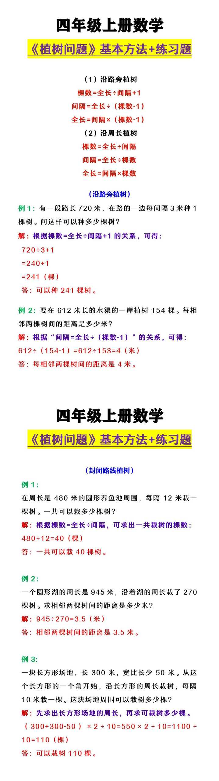 四年级上册数学 《植树问题》基本方法+练习题