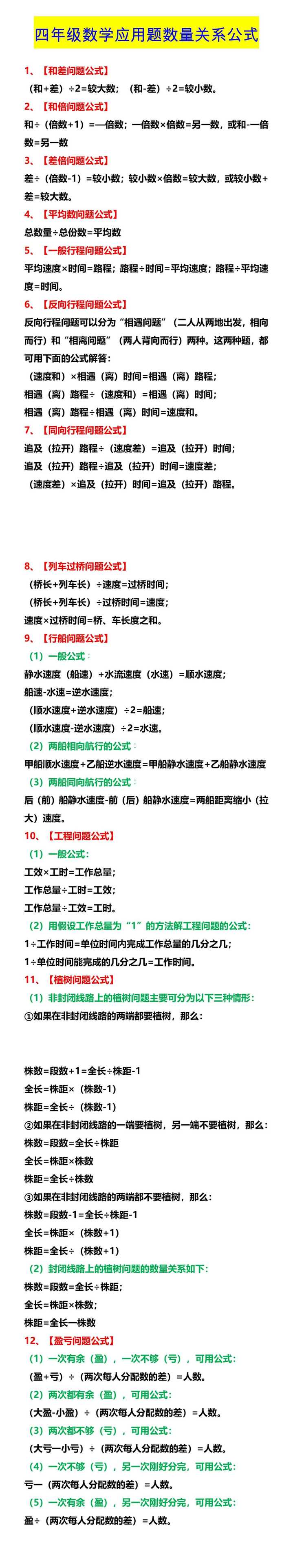 四年级数学应用题数量关系公式