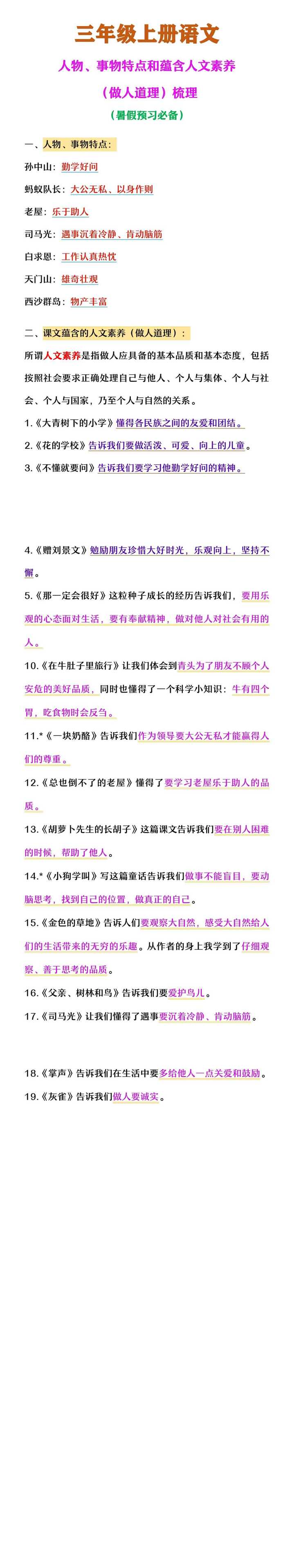 三年级上册语文 人物、事物特点和蕴含人文素养 （做人道理）梳理