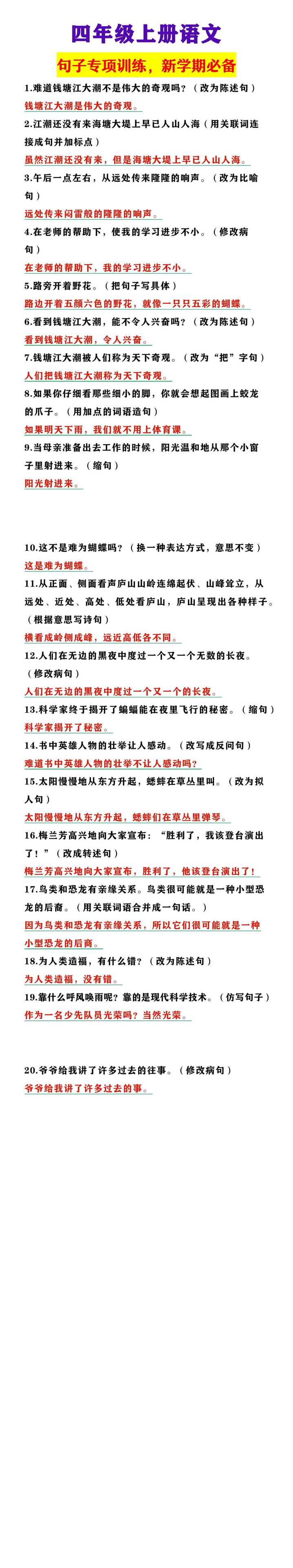 四年级上册语文 句子专项训练
