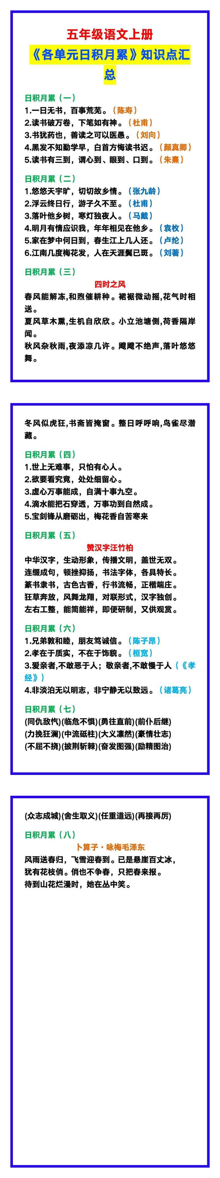 五年级语文上册《各单元日积月累》知识点汇总