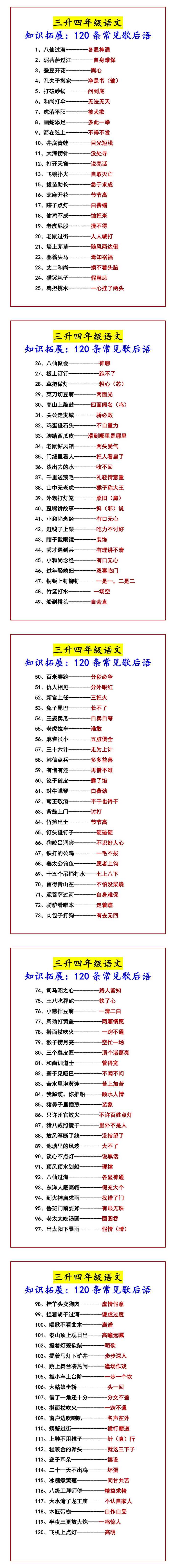 三升四年级语文 知识拓展：120条常见歇后语
