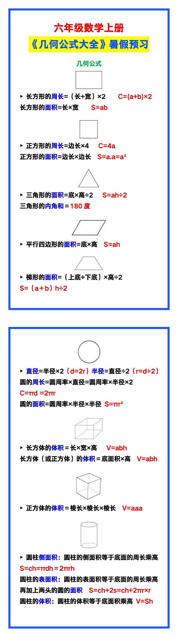 六年级数学上册《几何公式大全》