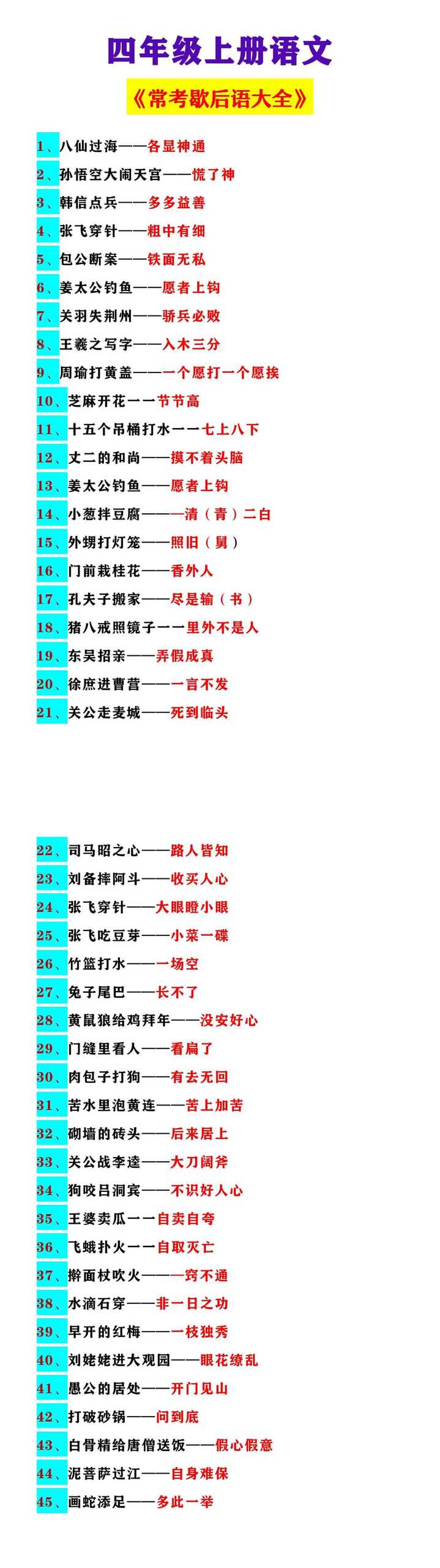 四年级上册语文 《常考歇后语大全》