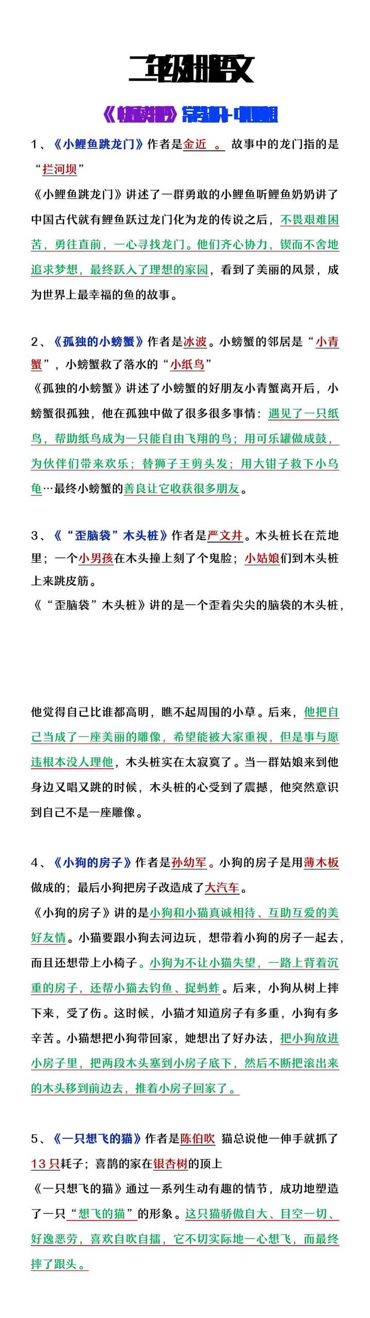 二年级上册语文《快乐读书吧》常考知识及中心思想