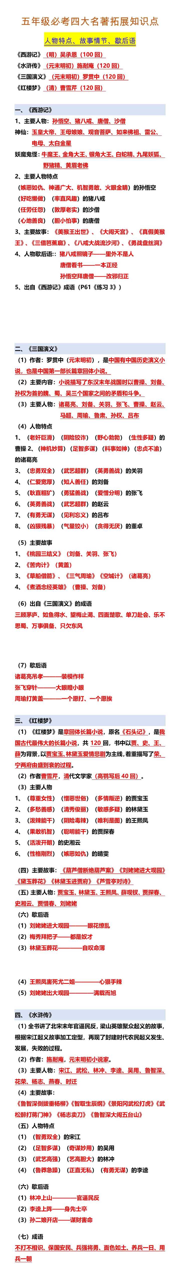 五年级必考四大名著拓展知识点 人物特点、故事情节、歇后语