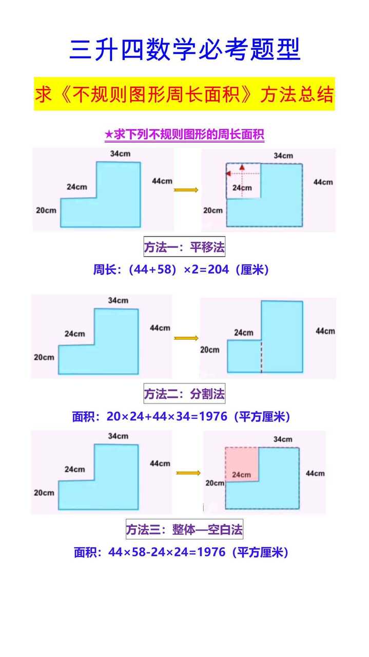 三升四数学必考题型 求《不规则图形周长面积》方法总结