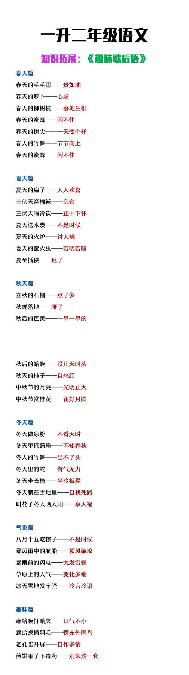 一升二年级语文知识拓展《常考趣味歇后语》